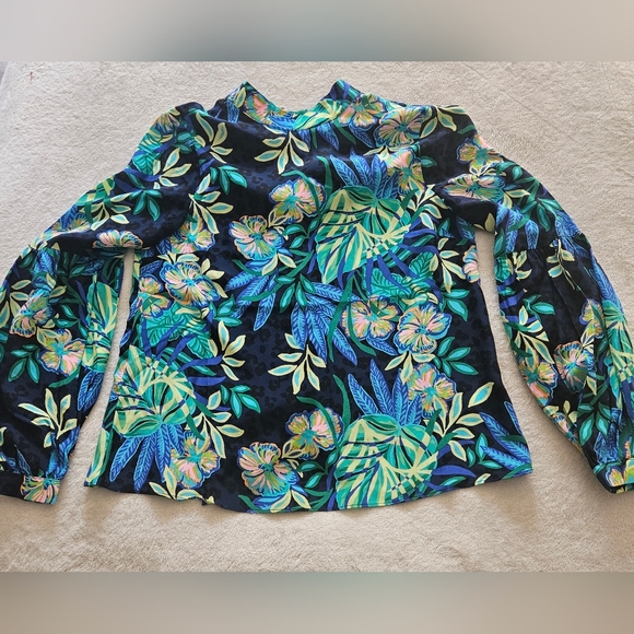 Lilly Pulitzer Witaker Silk Mock Neck Tie Back Long Sleeve Top: Multi Floral: XS - Picture 3 of 15